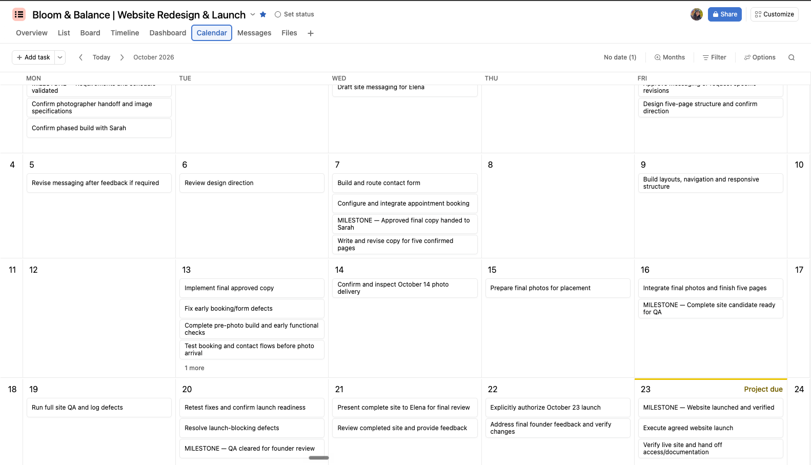October 2026 Asana calendar for Bloom & Balance, showing photography delivery, quality assurance, founder approval, and the October 23 launch deadline.