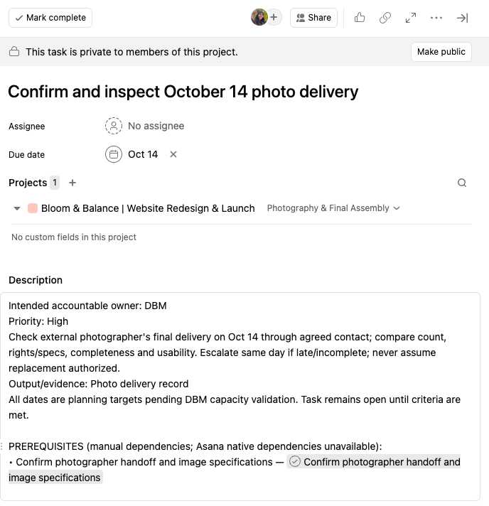 The original photography handoff was scheduled for October 14. The unexpected delay created downstream scheduling risk.