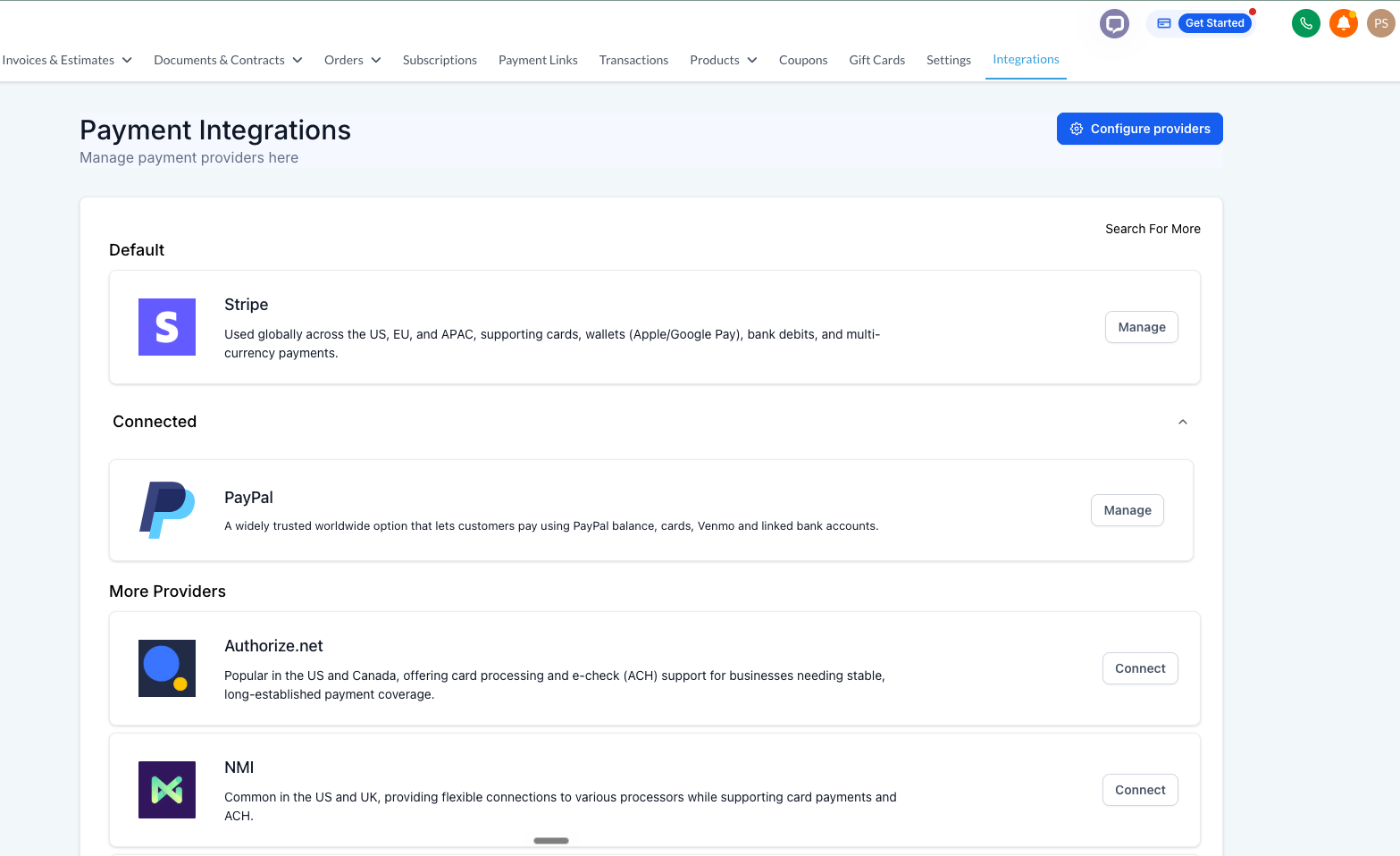 Stripe is configured as the default provider, PayPal is connected, and both processors were tested successfully.