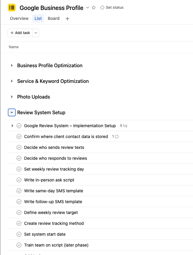Asana project structure and the planned review-system tasks.
