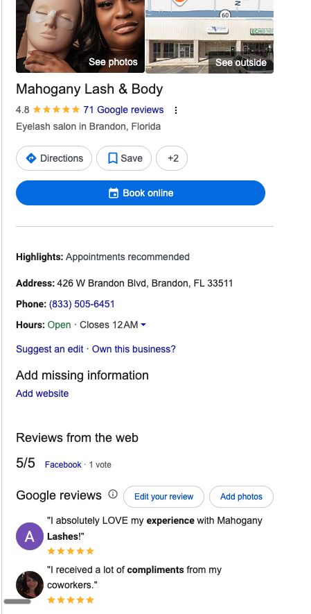 Google Business Profile showing 71 reviews and a 4.8-star rating on September 24, 2026.